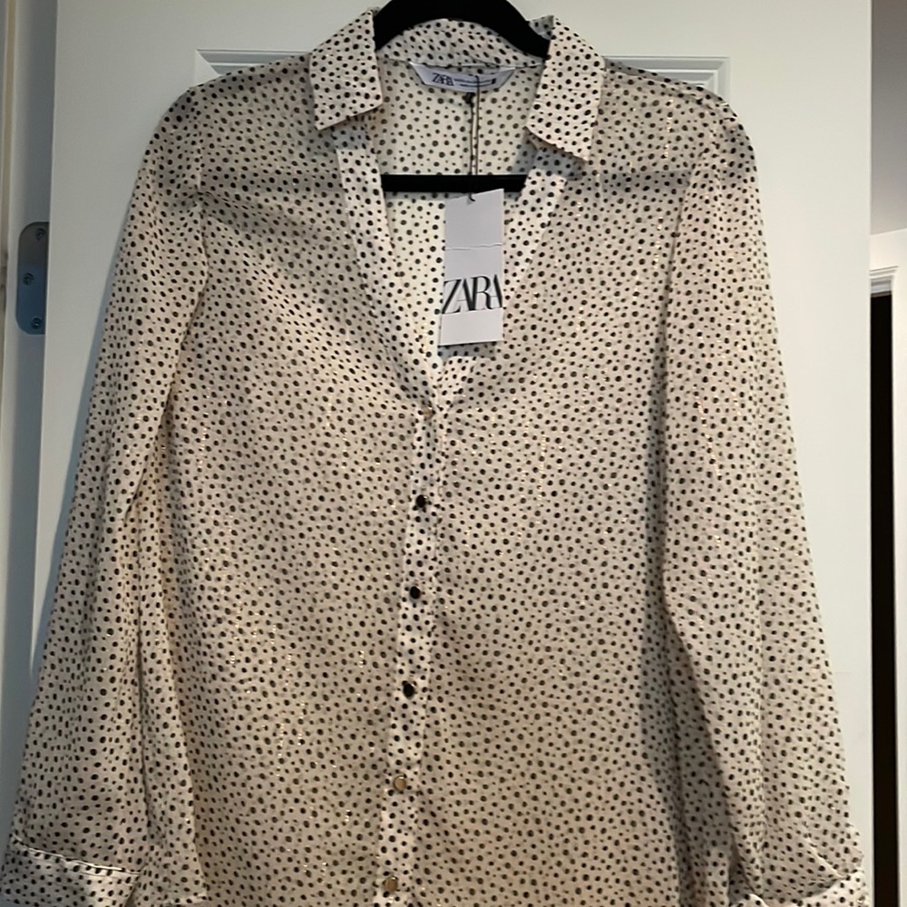 Zara sheer top XS cream and black polka dot